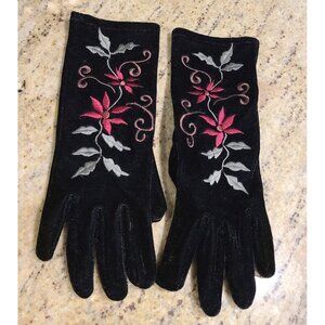 Lauer Women OSFA Embroidered Floral Black Velvet Dress Gloves Goth Dark Fairy